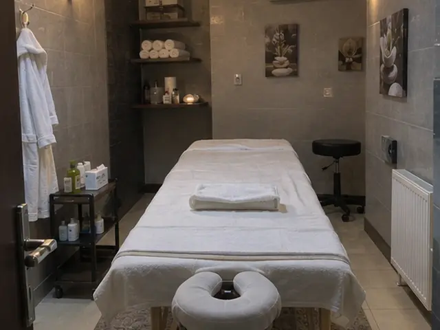 Raflarında havlu duran, bornozlu masaj odası — Ortaköy, Masaj Salonun